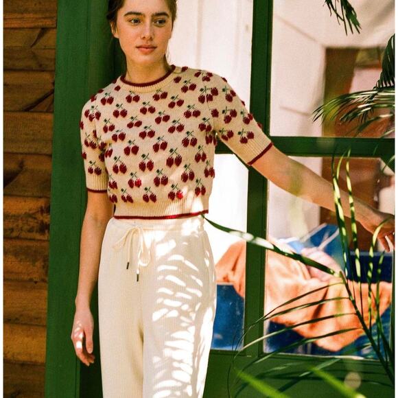 Cider Strawberry Knit Crop Sweater Short Sleeve Cream Red Y2K Cottagecore XL - Picture 6 of 8